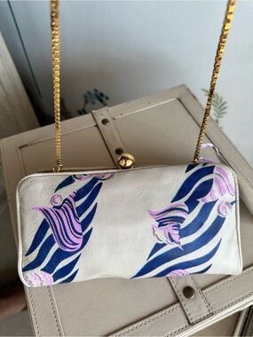 Zandra Rhodes Zebra Print Beige Leather Clutch with Gold Chain Strap